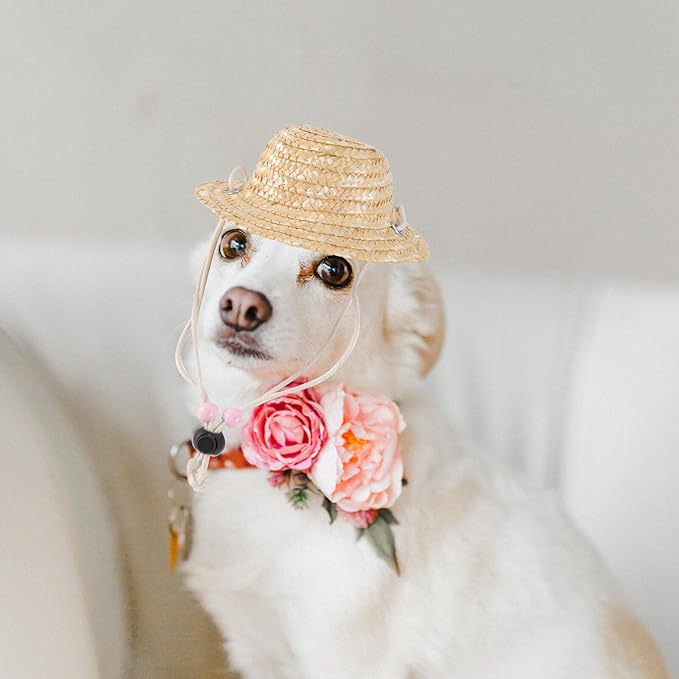 Pet Straw Sunshade Hat for Dogs and Cats, Woven Straw Hat with Cotton Rope, Small Size, Casual Outdoor Dress-up Accessory for Summer Pet Supplies Random Color
