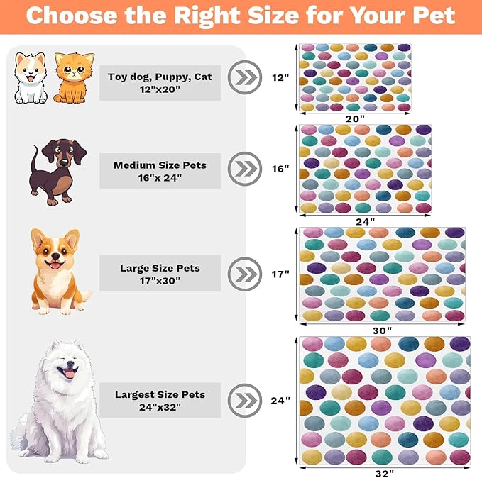 Polka Dots Dog Food Mat for Floors Absorbent Dog Bowl Mat for Food and Water Dispenser Quick Dry Cat Food Placemat Pet Supplies 12" x 20", Watercolor Rainbow