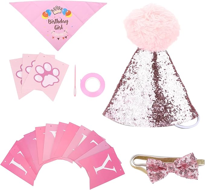 Dog Birthday Scarf Hat Set, Pet Birthday Party Supplies, Adjustable Soft Cotton Polyester Bandana with Bow Tie and Banner Cards for Puppy Photo Shoots and Celebrations