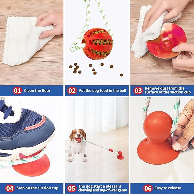 Dog Chew Toys for Aggressive Chewers, Tug of War Suction Cup, Pull Ball with Suction Cup, Suitable for All Breeds, Puppy Chew Toys for Teething, Indestructible Dog Treat Food Dispensing Ball (Red)