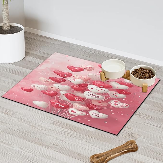 Valentine’s Day Dog Food Mat for Floors Absorbent, Quick Dry Water Dispenser Mat for Food, Water, Pet Supplies 16" x 24", Love Heart Balloons