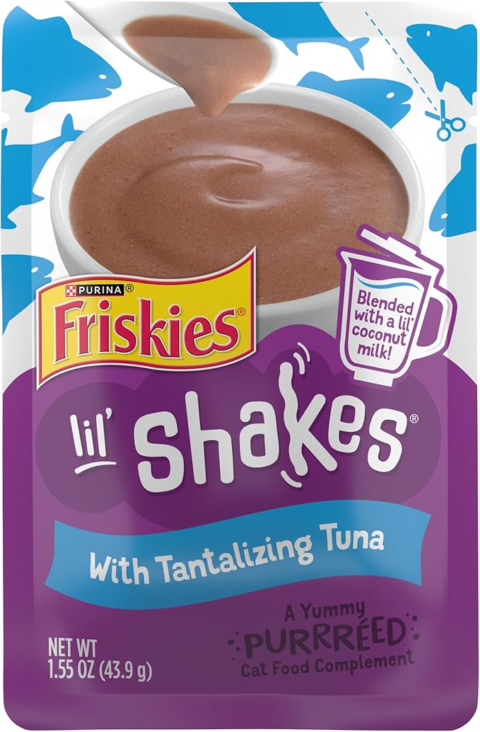 Purina Friskies Pureed Cat Food Topper, Lil’ Shakes With Tantalizing Tuna Lickable Cat Treats - (Pack of 16) 1.55 oz. Pouches