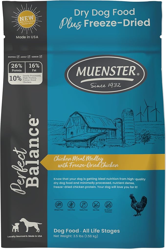 Muenster Perfect Balance Raw Chicken Kibble Mix with Freeze Dried Chicken for Dogs - High Protein, No Corn, Wheat, or Soy - Probiotic Dog Food Raw Treats for Healthy Gut - All Life Stages, 3.5 lb Bag