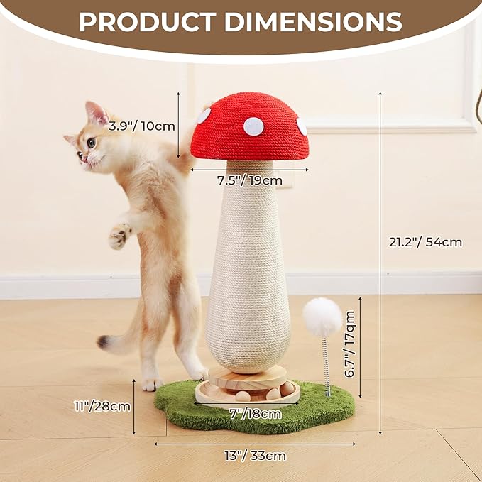 Mushroom Cat Scratching Post with Interactive Ball Track Spring Ball Cat Toys, 21.2" Cat Sisal Scratcher Tree for Indoor Cats, Red
