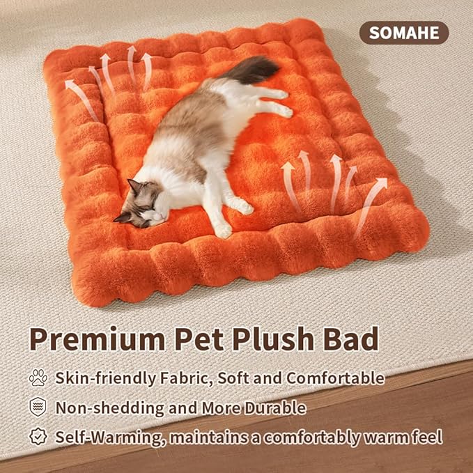 Self-Warming Cat Bed, Plush Faux Fur Pet Bed Mat with Anti-Slip Bottom, Ultra Soft Heated Pad for Cats & Kittens, Cozy Fluffy Bed for Window & Sills Couches, Machine Washable, 23x15 Inch Orange