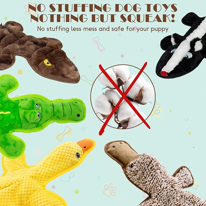 No Stuffing Dog Squeak Toys, 5 Pack Chew Toys with Crinkle to Keep Them Busy, Plush Puppy Teething Toys for Indoor & Outdoor Play, Best Birthday Gift for Large Breed