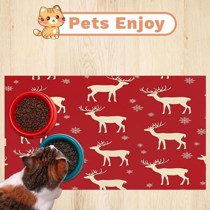 Xmas Elk Dog Food Mat for Floors Absorbent, Quick Dry Water Dispenser Mat for Food, Water, Pet Supplies 24" x 32", Gold Deer
