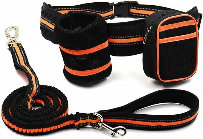 Bungee Dog Leash Waist Belt Utility Pouch Reflective Dog Running Leash Water Bottle Holder Pet Supplies for Runners, Joggers, Jogging, Walking, Hiking