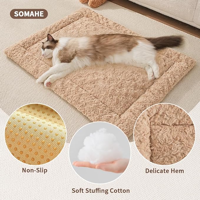 Self Warming Cat Bed Mat, Washable Self Heating Cat Mat, Extra Warm Thermal Pet Pad with Non-Slip Bottom, Soft Plush Faux Fur for Indoor Pet Sleep Cushion, 23x15 Inch Latte