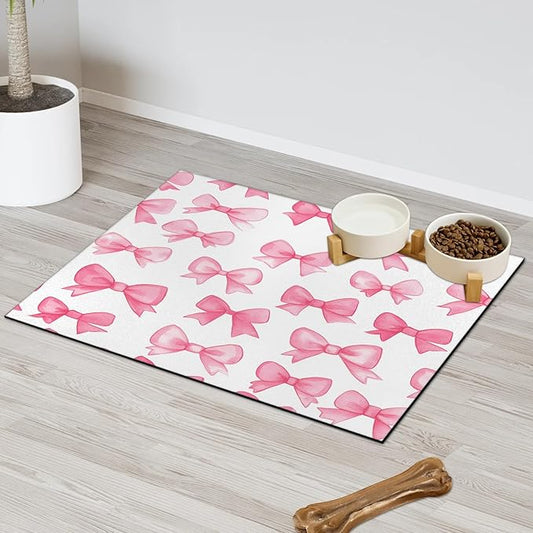 Pink Bows Dog Food Mat for Floors Absorbent, Quick Dry Water Dispenser Mat for Food, Water, Pet Supplies 24" x 32", Cute Bowknot