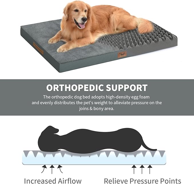 Orthopedic Dog Crate Bed for Extra Large Dogs, XXL Waterproof Comfort Pet Bed with Egg Crate Foam 47x29 Inch, Removable Oxford Cover, Gray