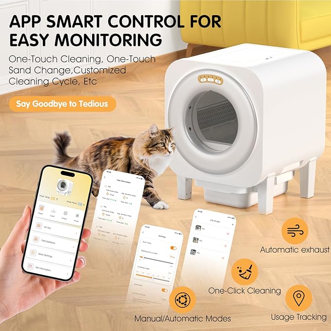 Smart Automatic Cat Litter Box with App Control, Fresh Air System Deodorization,Self-Cleaning, Temperature and Humidity Monitor, Self Cleaning Litter Box for Multiple Cats,White