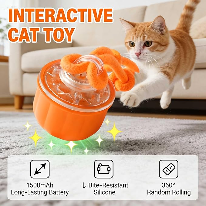 Smart Interactive Cats Toy Ball, USB Rechargeable Automatic Rolling Moving Ball for for Small & Medium Dogs, Durable Cat Teaser Toy with Chewing Rope, Indoor Exercise Toy for Kittens Cats