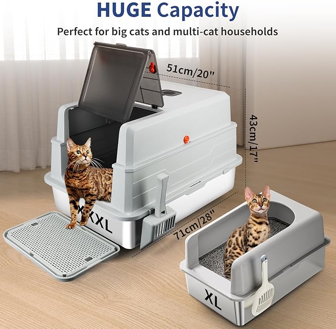 XXXL Stainless Steel Litter Box with Lid, Extra Large 28" L x 20" W x 17" H Enclosed Metal Cat Litter Box with Litter Scoop & Foot Pedal, Odor Control for Big Cats, Multiple Cats (Light Grey)