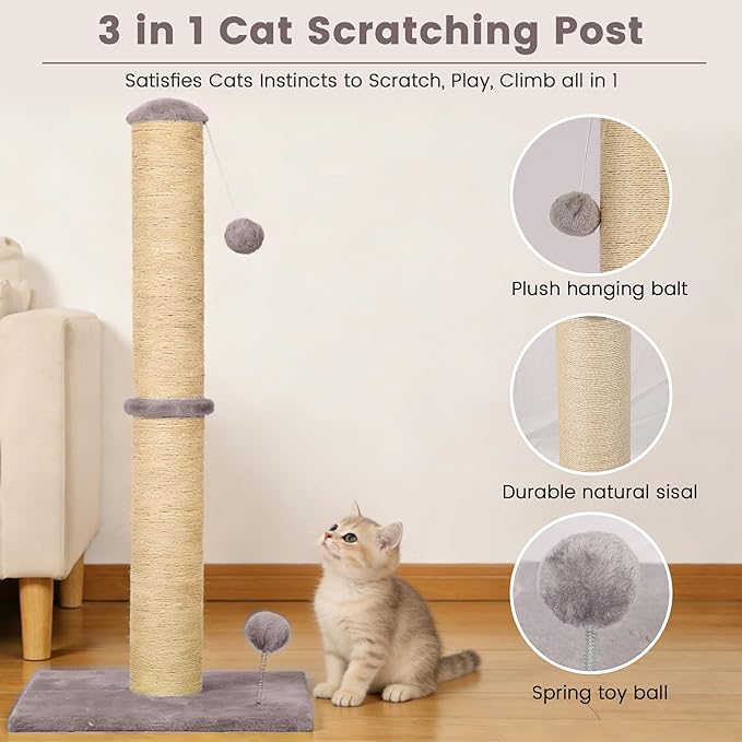 22" Small Cat Scratching Post, 3-in-1 Durable Sisal Vertical Cat Scratcher Post with Hanging Ball, Sturdy Cat Scratch Pole with Soft Fabric Base for Kittens or Smaller Cats, Light Gray