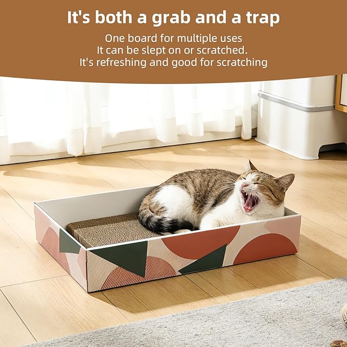 Corrugated Cardboard Cat Scratcher Box with Bell Toy - Double-Sided Wear-Resistant Scratching Pad, Multi-Use Cat Bed & Scratch Mat, Mess-Free Safe Material for Indoor Cats