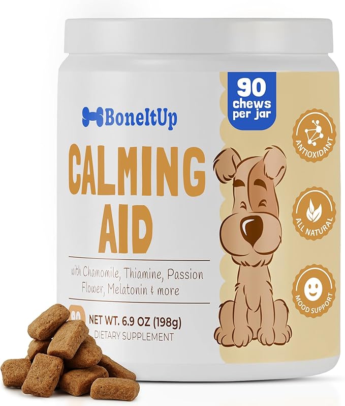 BoneItUp Pet Calming Chews for Dogs - Helps with Separation, Anxiousness, Thunderstorms & More - Natural Dog Calming Treats with Chamomile, L-Tryptophan & Melatonin for Balanced Mood & Sleep (90 Ct)