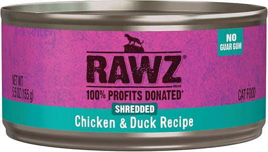 Rawz Natural Premium Shredded Canned Cat Wet Food - Made with Real Meat Ingredients No BPA or Gums - 5.5oz Cans 24 Count (Chicken & Duck)
