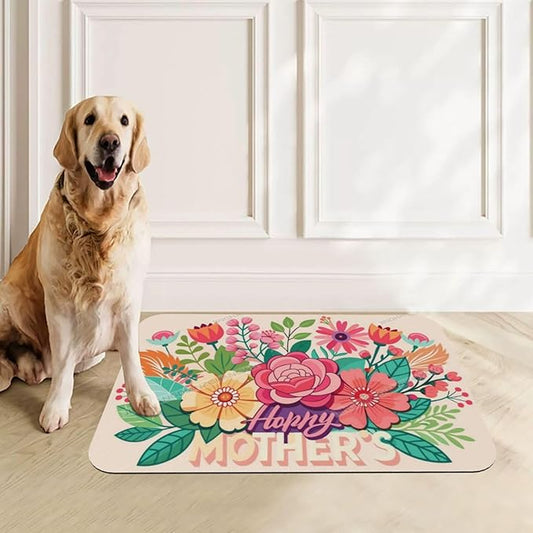 Pet Feeding Mat Happy Mother's Day Floral Gift Mom Bi Absorbent Pet Placemat for Food Water Bowl with Waterproof Rubber Backing 18X12In Quick Dry Water Dispenser Mat Dog Cat