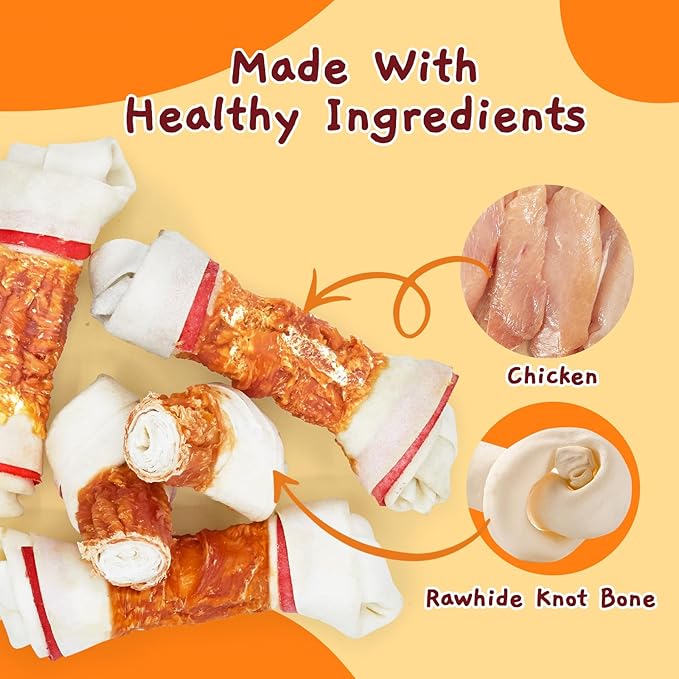 Jungle Calling Chicken Wrap Knotted Bones Dog Chews, Long Lasting Beefhide Treats Real Rawhide Bones for Large Dogs Edible Training Treats