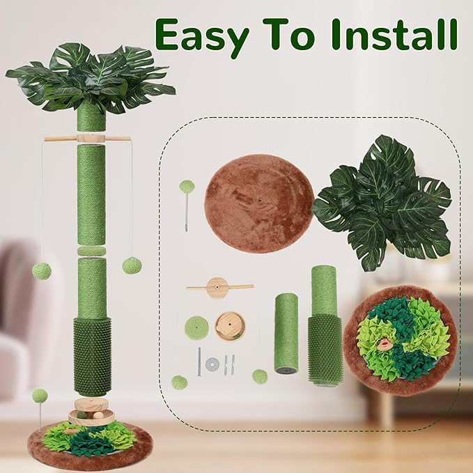 Cat Scratching Post, 40" Tall Palm Tree Scratch Post for Cats, Sisal Scratching Posts for Indoor Cats Adults with Hanging Cat Toys, Self-Grooming Brush, Snuffle Mat and Interactive Wooden Ball Track