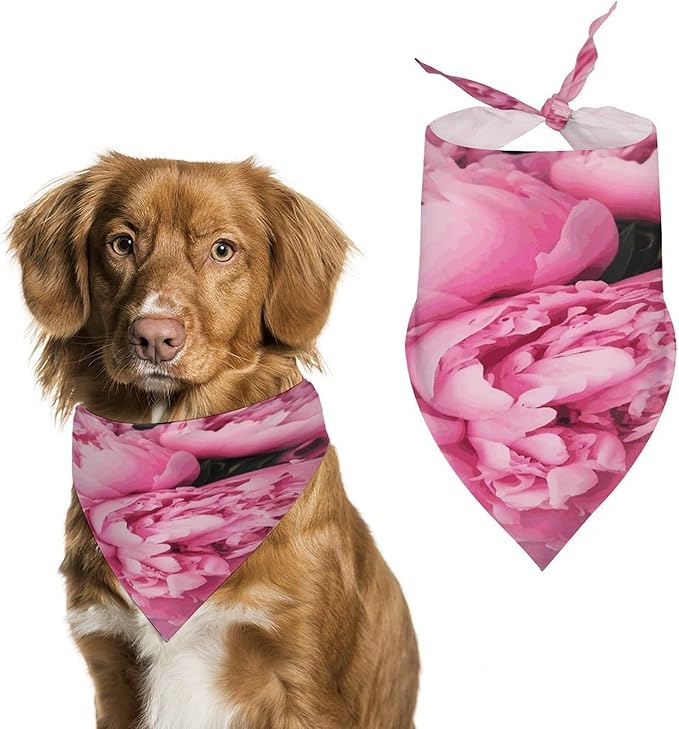 Dog Bandana Spring Pet Scarf Adjustable Triangle Pink Peony Printing Dog Bib Washable Polyester Puppy Bandana for Small Medium Large Dogs Cat Birthday Party Supplies