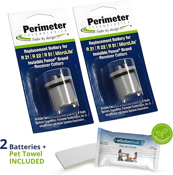 Perimeter Technologies Invisible Fence Collar Battery - Brand Compatible - Includes eOutletDeals Pet Towel (2 Pack)