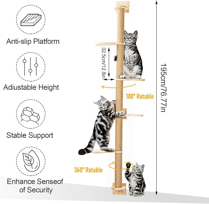 Tall Cat Tree,Indoor Wall-Mounted Cat Scratching Post,4 Tier Floor to Ceiling Cat Tower,Suitable for Cats Climb, Scratch, Lookout and Play(Height 76.8 in)