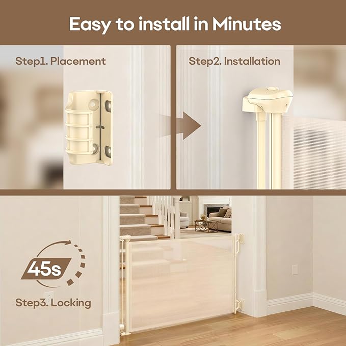 Retractable Safety Baby Gate or Mesh Dog Gate,Durable Portable Mesh Retractable Gate,Easy to Use for Stairs, Doorways, Hallways, Indoor, Outdoor, 33.5" Tall, Up to 45" Wide, Cream