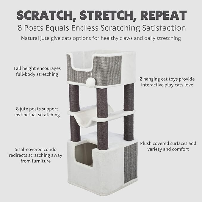 Trixie Lucano XXL Cat Tree, 43.3 -in Cat Tower with 8 Jute Scratching Posts, Hammock & Plush & Sisal Covered Condo, Sturdy Base, Interactive Pom-Poms, Indoor Furniture for Climbing & Relaxation, Gray