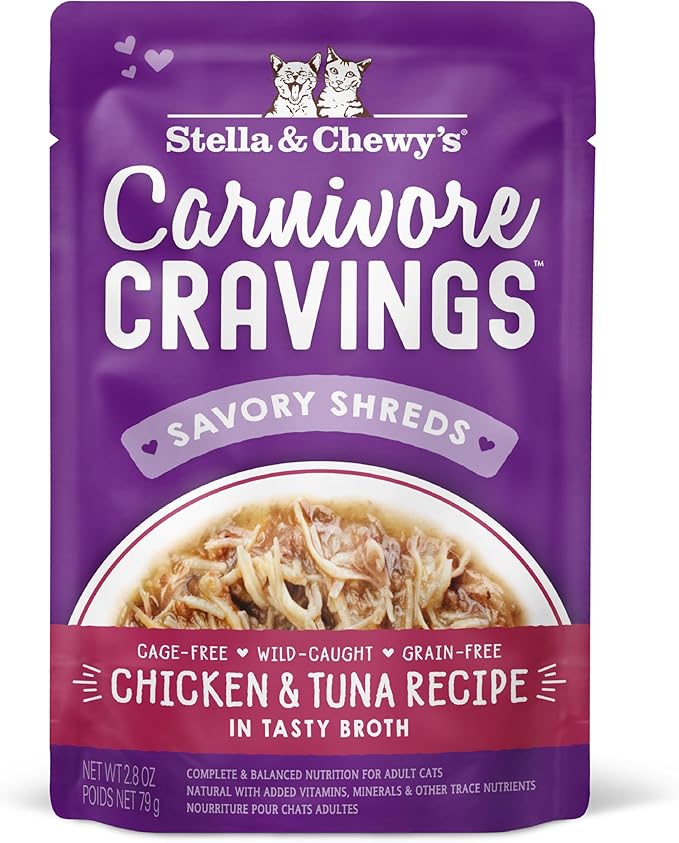 Stella & Chewy's Carnivore Cravings Wet Cat Food - Premium Pouches - Grain Free, High Protein Chicken & Tuna - Perfect for Picky Eaters - Complete Meal or Topper (2.8 oz, 12 Pack)