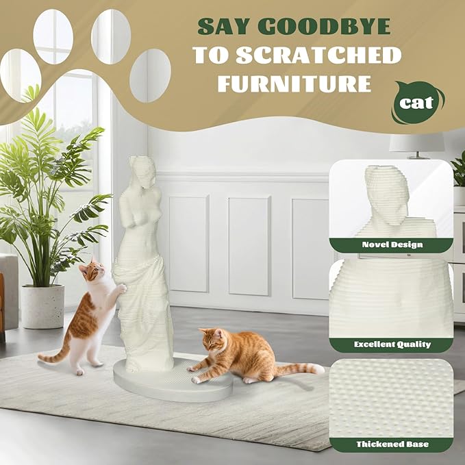 Venus Statue Cat Scratching Post 38 Inch - Felt Decorative Art Sculpture for Apartment, Heavy Duty Anti-Tip Scratcher for Multiple Cats (White)