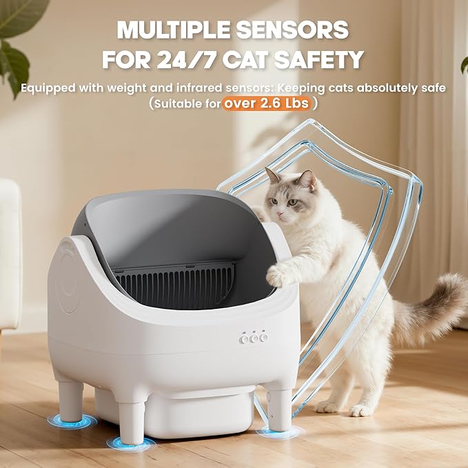 Greesum Self Cleaning Cat Litter Box – Automatic Open-Top Smart Litter Box with App Control, 15L Odor-Sealed Waste Bin, Ultra Quiet 35dB, Multi-Cat & Large Cat Compatible, with Trash Bags & Mat