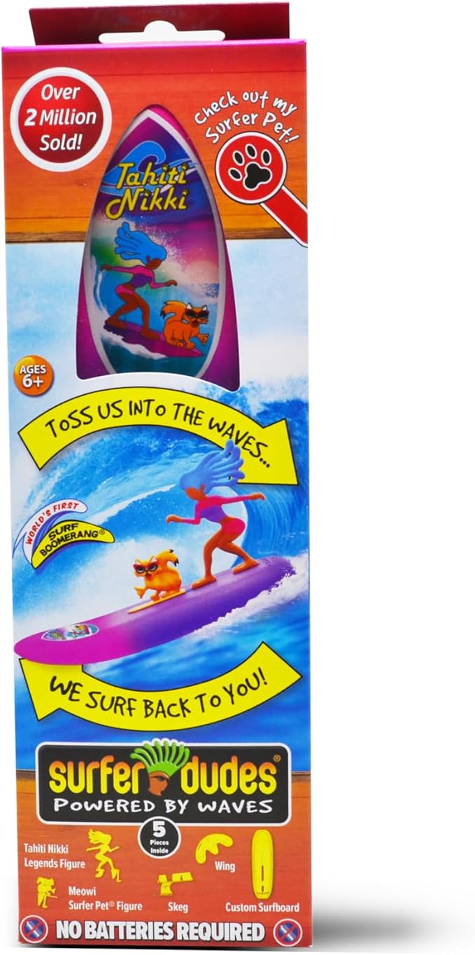 Surfer Dudes Legends & Surfer Pets Wave Powered Mini-Surfer, Pet and Surfboard Beach Toy - Tahiti Nikki and Meowi