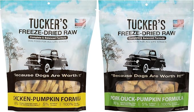 Tucker's Raw Frozen Freeze Dried Raw Dog Food, Chicken & Pumpkin Formula and Pork, Duck & Pumpkin Formula, Poultry Variety Pack of 2