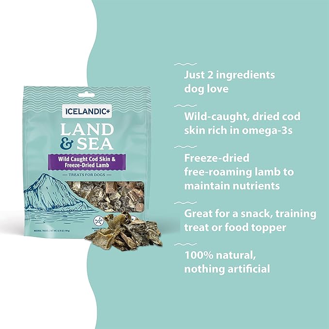 Icelandic+ Land & Sea Wild Caught Cod Skin & Freeze-Dried Lamb - 2.4oz Bag, Dog Treat & Food Topper, 2 Ingredients, No Preservatives, All Natural (Pack of 2)