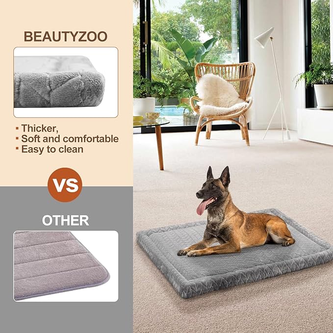 BEAUTYZOO Dog Bed Crate Pad 36 x 24 inch, Washable Dog Crate Mat for Large Sized Dogs, Anti-Slip Pet Crate Bed Kennel Pad, Durable Cozy Puppy Sleeping Mat Rectangle Mattress, Grey
