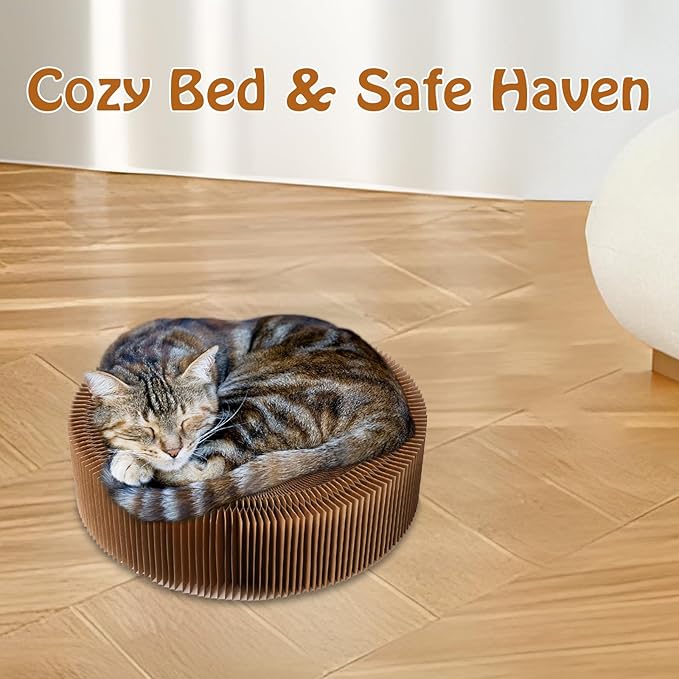 Cat Scratcher Lounge Bed - Collapsible Magic Organ Round Shape Cat Bed 20.5 inches, Scratching Pet Bed Hold Weight up to 25lb for Indoor Small Big Cats