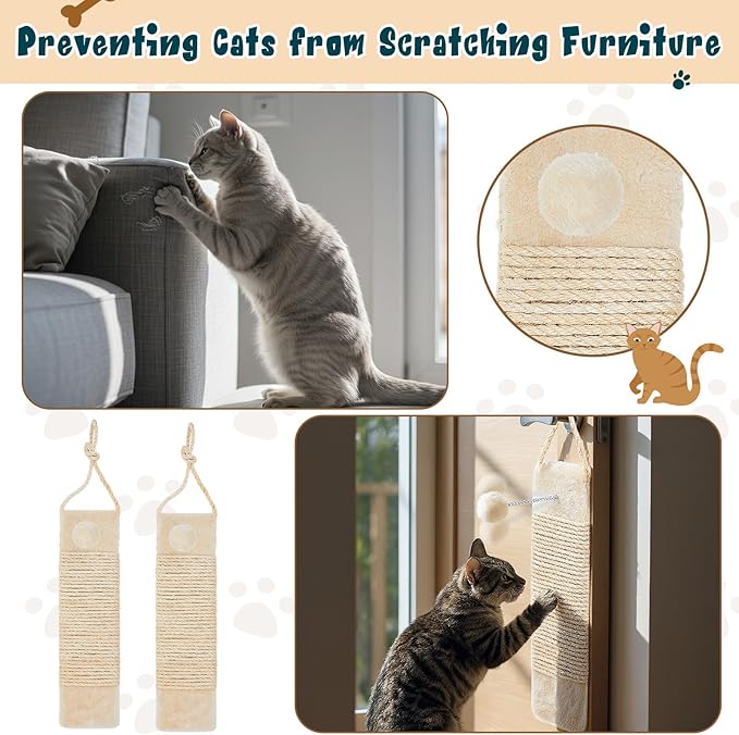 2 Pcs Cat Scratcher Door Hanging, 19.3 x 5.5inch Cat Scratching Post Wall Mounted, Natural Sisal Scratching Pad Surface with Ball Toy for Indoor Cats Kitty
