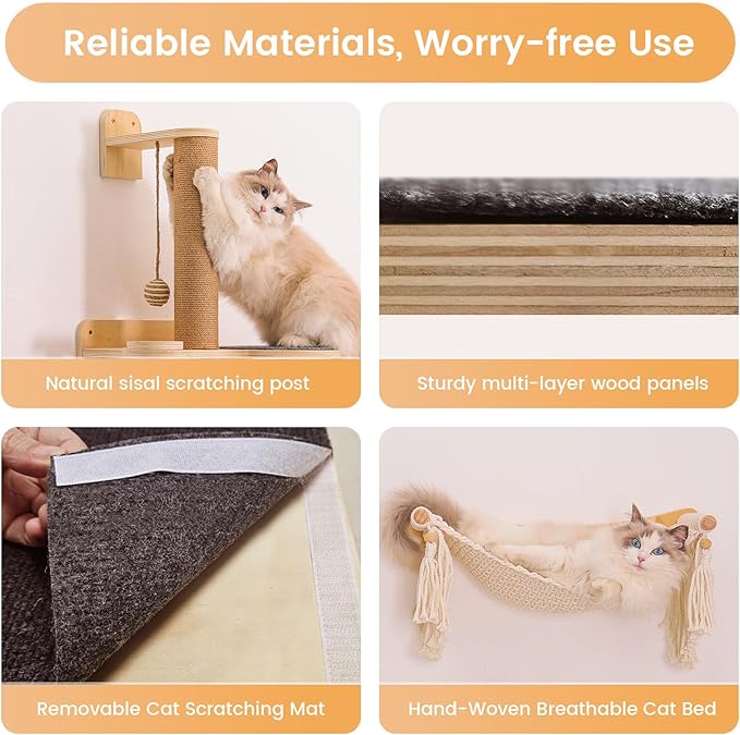 Cat Wall Shelves, Large Wall-Mounted 6-in-1 cat Furniture Set (Climbing Rope+Sisal Scratching Post+Macrame Resting Hammock+Interactive Toys Ball+Feeding Bowls Station+3 Wall Steps) for Indoor Kitties