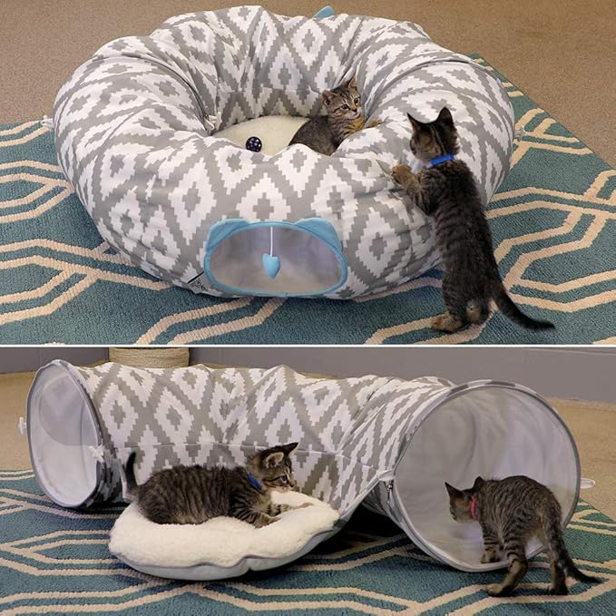 Kitty City Large Cat Tunnel Bed, 2-in-1 Zip-Together Cat Play Tunnel & Plush Nap Bed, Pop-Up Indoor Cat Toy with Hanging Toys, Collapsible Design - White