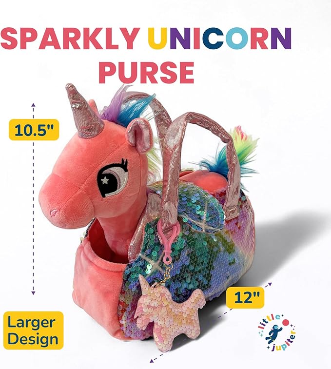 Little Jupiter Plush Pet Set w/Purse - Unicorn Stuffed Animals for Girls - Plush Toy Gift for Girls Ages 3-7 yrs (Coral Pink Unicorn)
