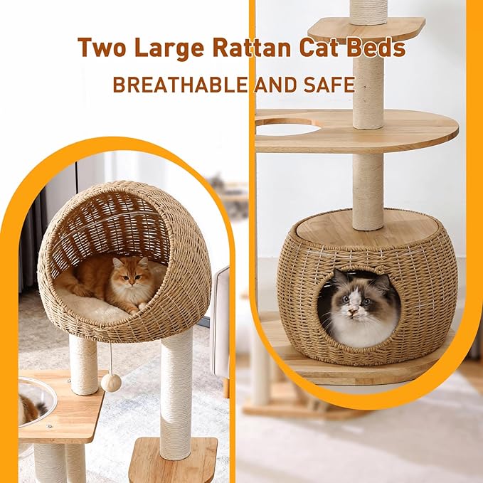 Modern Cat Tree Wood for Indoor Cats, 59-Inch Multi-Level Cat Tower with Scratching Post for Large Cats, Sturdy Cat Condo with Two Handwoven Basket and Capsule, Easy to Clean