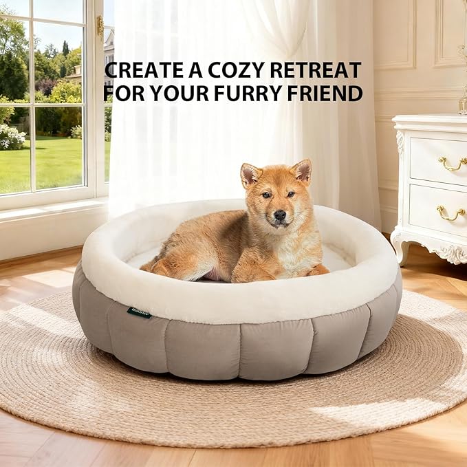 BALANCE Cat Beds for Indoor Cats, Washable Round Dog Bed, Donut Dog Bed with Anti-Slip Bottom for Small Dogs, 28 Inches, Goat