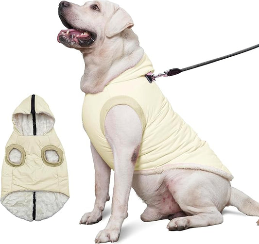 Fleece Lining Dog Hoodie with Harness Built in,Extra Warm Large Dog Jacket in Winter Doggie Coats with Hooded,Light Yellow XXL