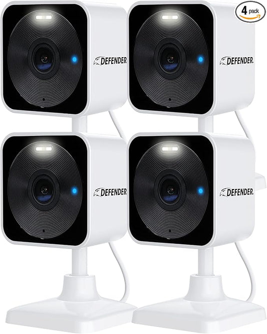 Defender GO 2K AI Powered WiFi Indoor/Outdoor Home, Business, Pet, Baby Security Camera, AI Detection, Dual Band, Spotlight/Siren, Color Night Vision, 2-Way Talk, Works with ClearVu App, 4 Pack