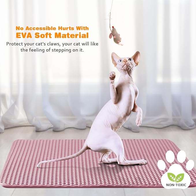 Waterproof Cat Litter Mat, Double Layer EVA, Odor-Free Large Grid, Urine Proof, Easy Cleanup 24 x 35, Pink