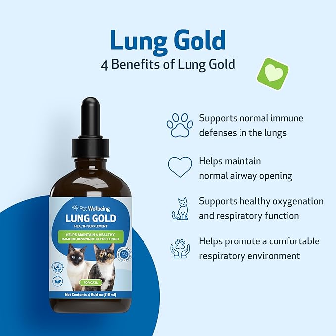 Pet Wellbeing Lung Gold for Cats - Respiratory Support for Feline Lungs, Healthy Immune Defenses Lower Respiratory Tract - NASC Certified & Vet-Formulated - 4 oz Liquid