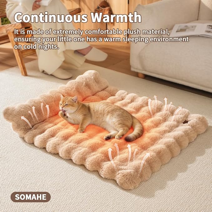 Plush Faux Fur Pet Bed Mat with Non-Slip Bottom, Self-Warming Cat Bed, Washable Pet Bed with Pillow for Cats & Medium Dogs, Machine Washable, 27x20 Inch, White