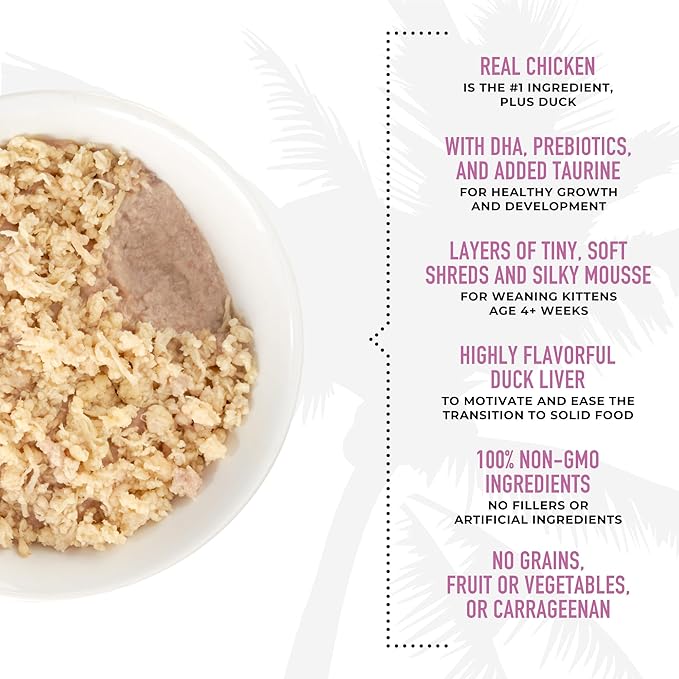 Tiki Cat Baby, Chicken Duck & Duck Liver Mousse & Shreds, High-Protein and Flavorful, Wet Cat Food for Kittens 4 Weeks Plus, 1.9 oz. Cans (Pack of 9)